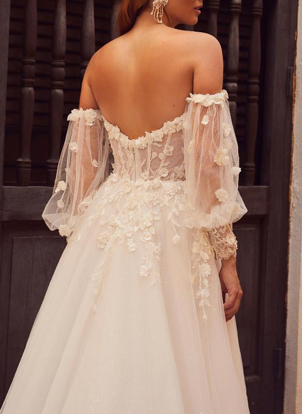 A-Line Off-The-Shoulder Tulle Wedding Dresses With Appliques Lace