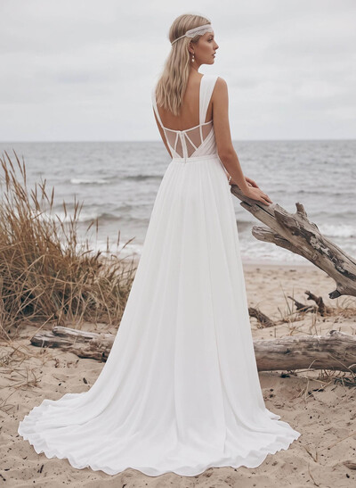 A-Line Square Neckline Sleeveless Chiffon Wedding Dresses With High Split