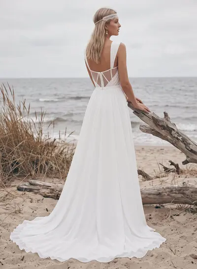 A-Line Square Neckline Sleeveless Chiffon Wedding Dresses With High Split