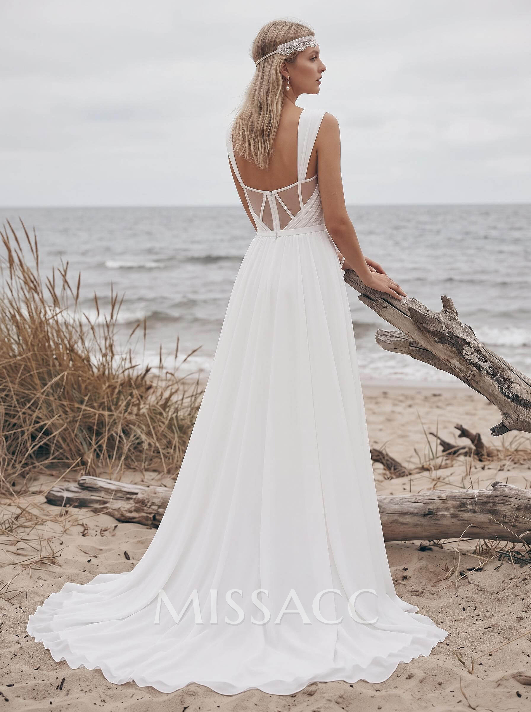 A-Line Square Neckline Sleeveless Chiffon Wedding Dresses With High Split