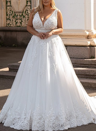 A-Line V-Neck Sleeveless Lace/Tulle Wedding Dresses With Appliques Lace