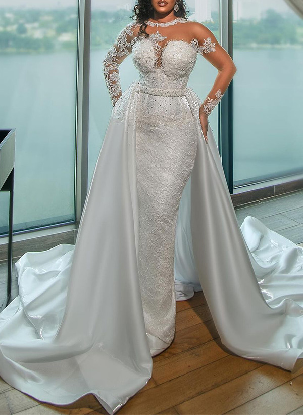 Sheath/Column Illusion Neck Long Sleeves Lace/Satin Wedding Dresses