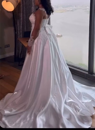 Sheath/Column Illusion Neck Long Sleeve Lace/Satin Wedding Dresses