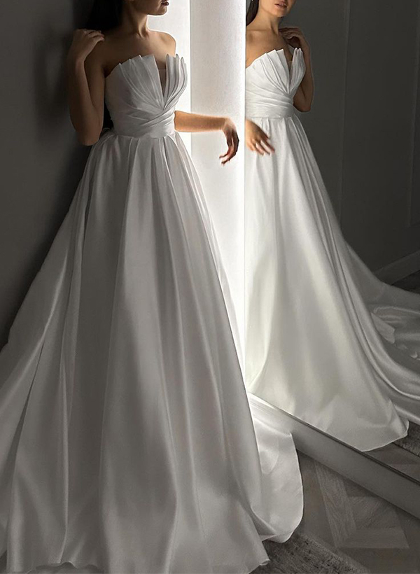 A-Line V-Neck Sleeveless Court Train Silk Like Satin Wedding Dresses