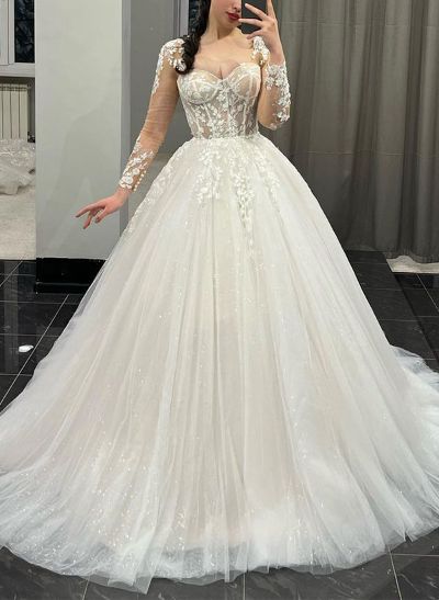 Ball-Gown Sweetheart Long Sleeves Court Train Lace/Tulle Wedding Dresses
