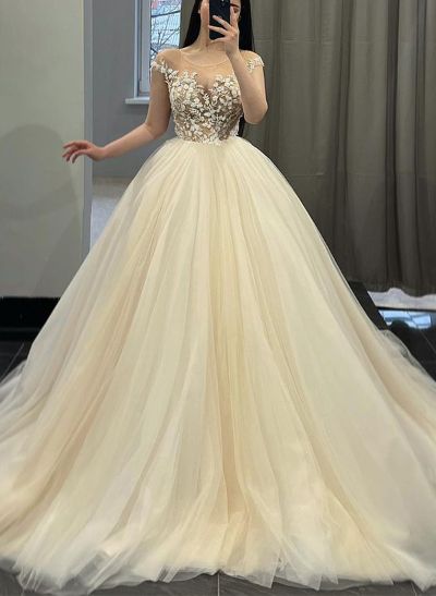 Ball-Gown Illusion Neck Sleeveless Court Train Lace/Tulle Wedding Dresses