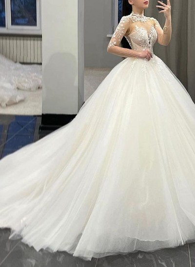 Ball-Gown Illusion Neck Long Sleeves Court Train Lace/Tulle Wedding Dresses