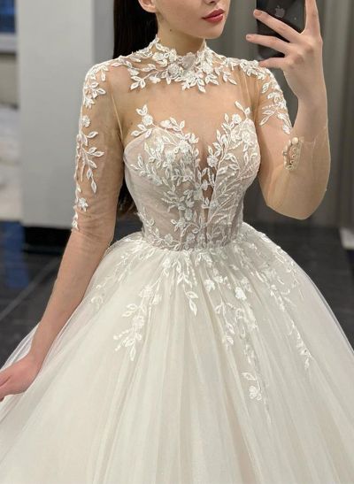 Ball-Gown Illusion Neck Long Sleeves Court Train Lace/Tulle Wedding Dresses
