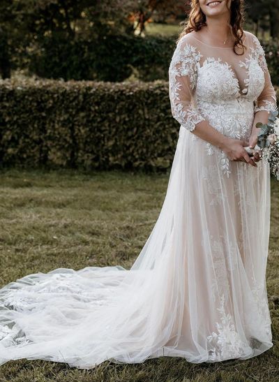 A-Line Illusion Neck 3/4 Sleeves Court Train Lace/Tulle Wedding Dresses
