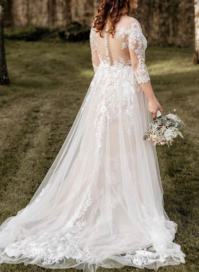 A-Line Illusion Neck 3/4 Sleeves Court Train Lace/Tulle Wedding Dresses