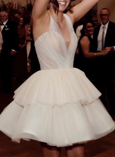 A-Line V-Neck Sleeveless Short/Mini Tulle Wedding Dresses
