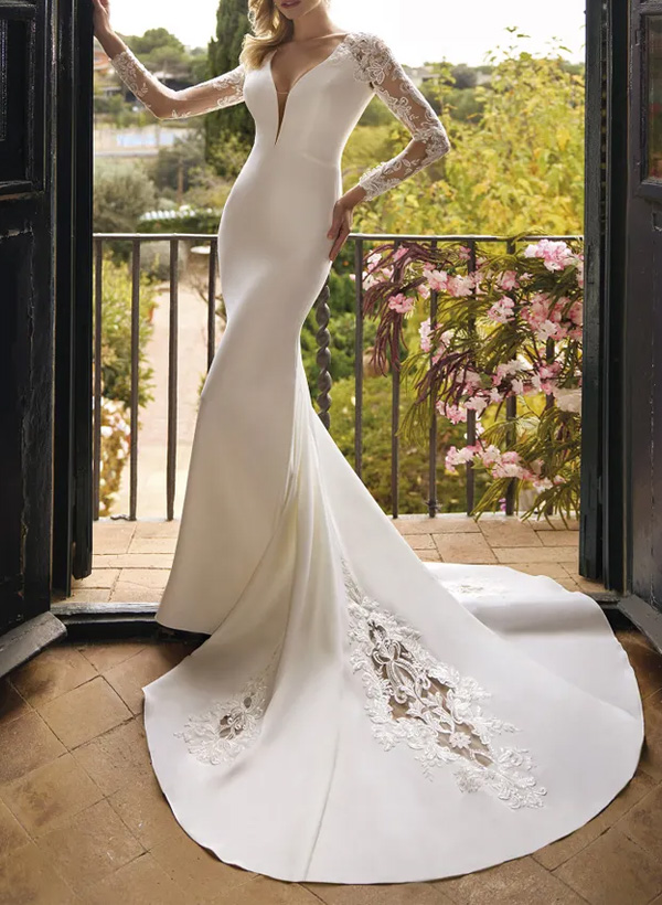 Trumpet/Mermaid Silk Like Satin Wedding Dresses With Appliques Lace