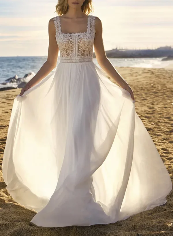 Charming A-Line Square Neck Short Sleeves Wedding Dresses with Train main image 1