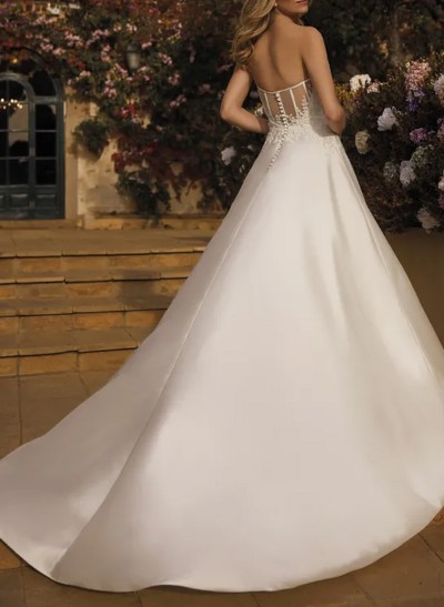 A-Line V-Neck Sleeveless Court Train Satin Wedding Dresses With Lace