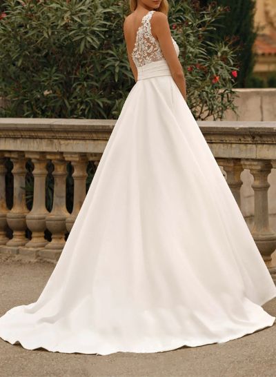A-Line One-Shoulder Sleeveless Satin Wedding Dresses With Appliques Lace