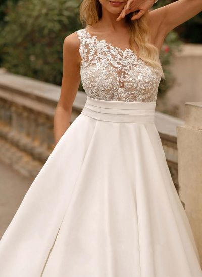 A-Line One-Shoulder Sleeveless Satin Wedding Dresses With Appliques Lace