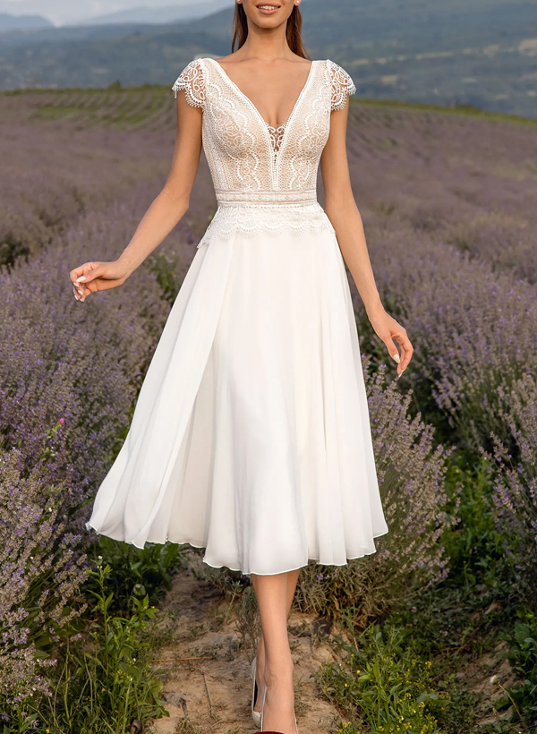 A-Line V-Neck Sleeveless Tea-Length Chiffon/Lace Wedding Dresses