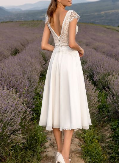 A-Line V-Neck Sleeveless Tea-Length Chiffon/Lace Wedding Dresses