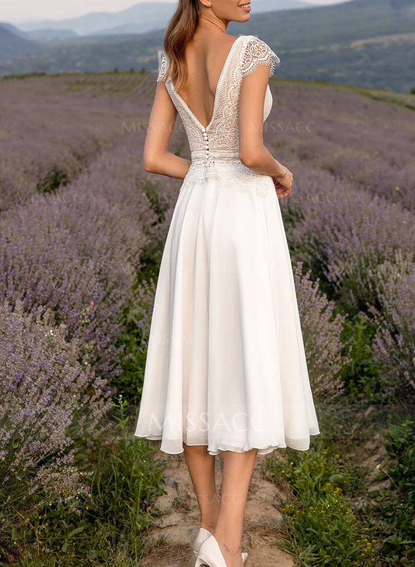 A-Line V-Neck Sleeveless Tea-Length Chiffon/Lace Wedding Dresses