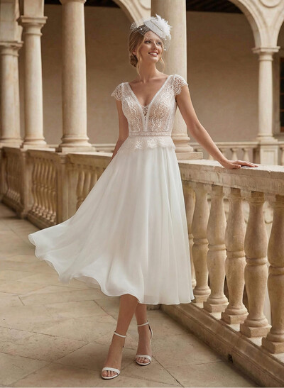 A-Line V-Neck Sleeveless Tea-Length Chiffon/Lace Wedding Dresses