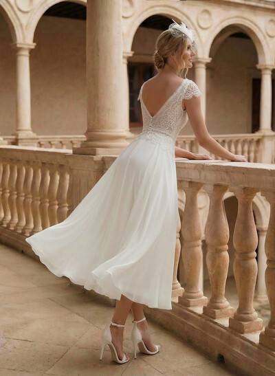 A-Line V-Neck Sleeveless Tea-Length Chiffon/Lace Wedding Dresses