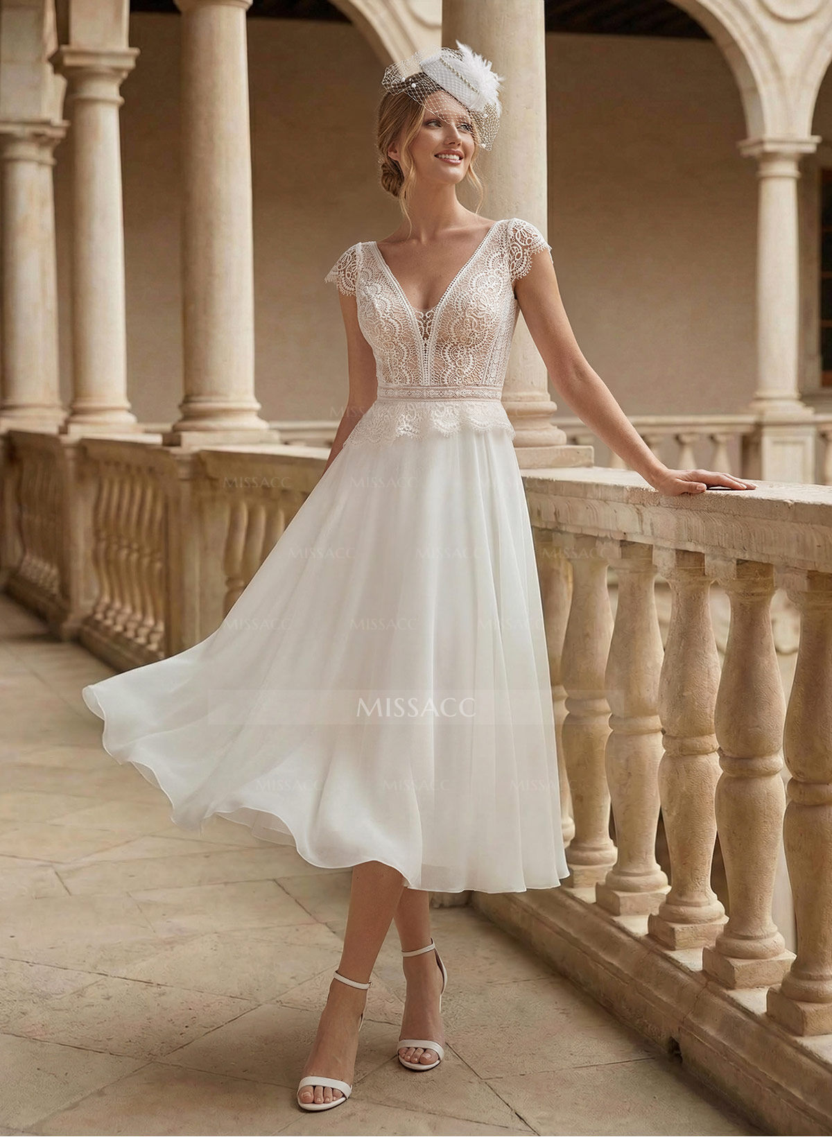 A-Line V-Neck Sleeveless Tea-Length Chiffon/Lace Wedding Dresses