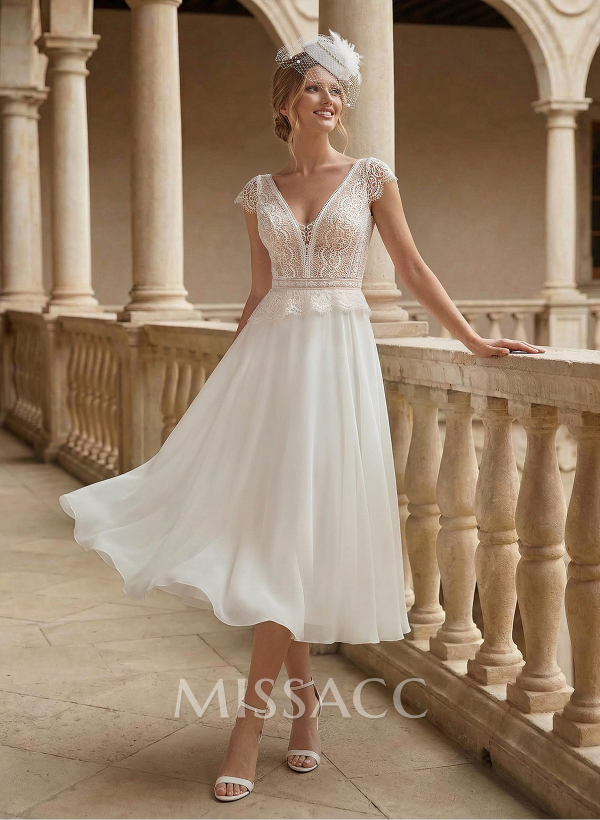 A-Line V-Neck Sleeveless Tea-Length Chiffon/Lace Wedding Dresses