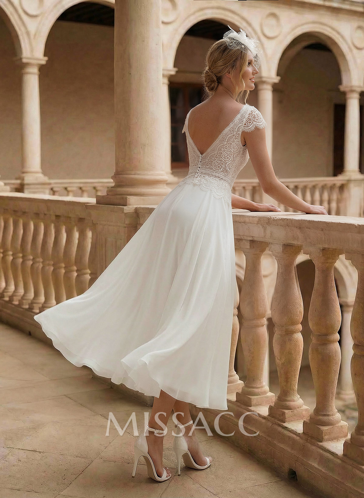 A-Line V-Neck Sleeveless Tea-Length Chiffon/Lace Wedding Dresses