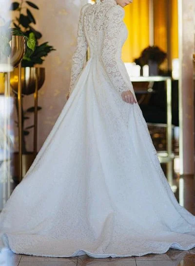 A-Line High Neck Long Sleeves Lace Wedding Dresses With Beading