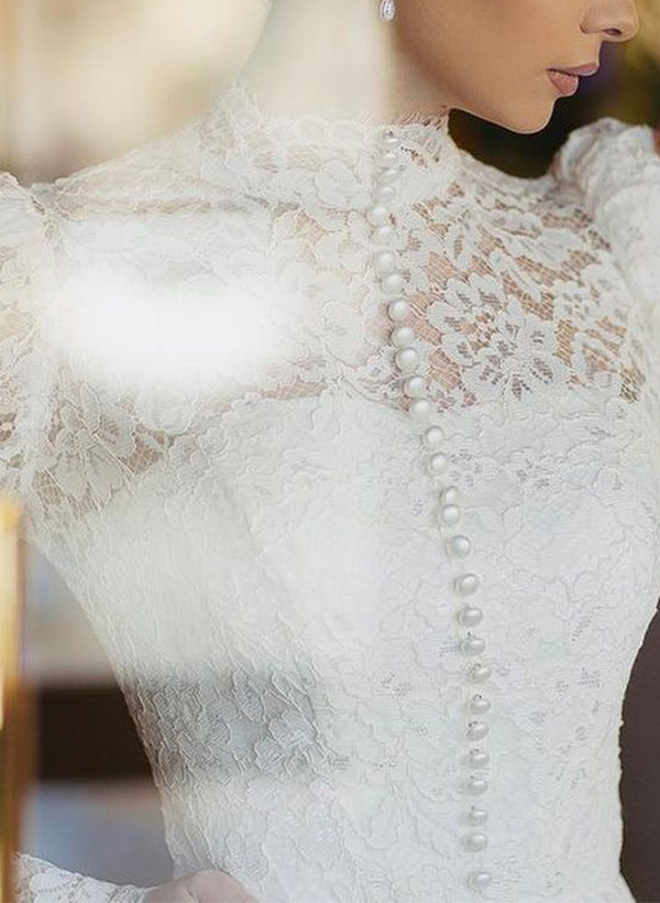 A-Line High Neck Long Sleeves Lace Wedding Dresses With Beading