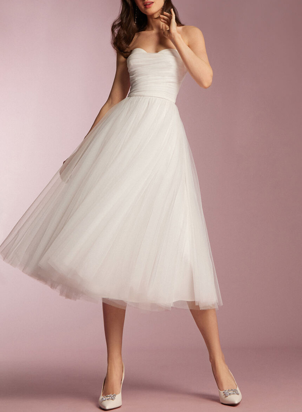 A-Line Sweetheart Sleeveless Tea-Length Tulle Wedding Dresses