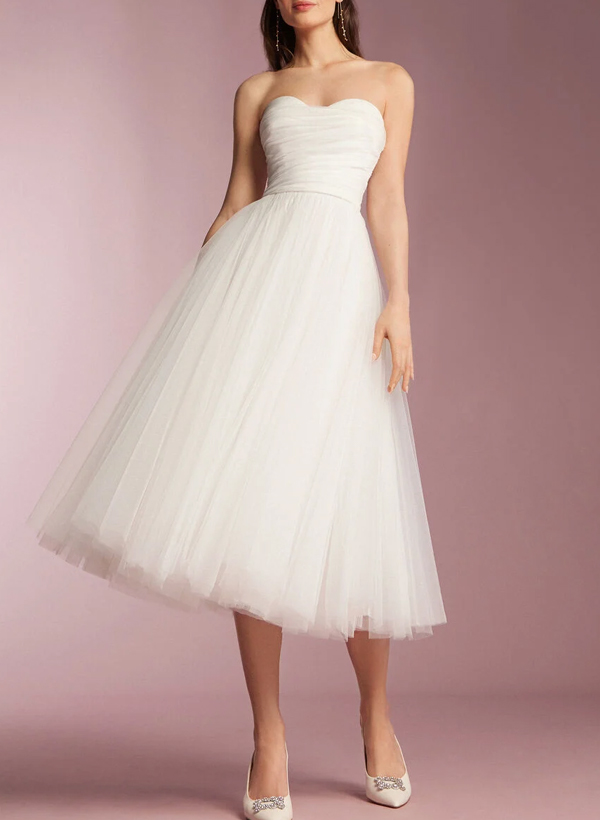 A-Line Sweetheart Sleeveless Tea-Length Tulle Wedding Dresses