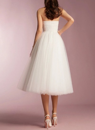 A-Line Sweetheart Sleeveless Tea-Length Tulle Wedding Dresses