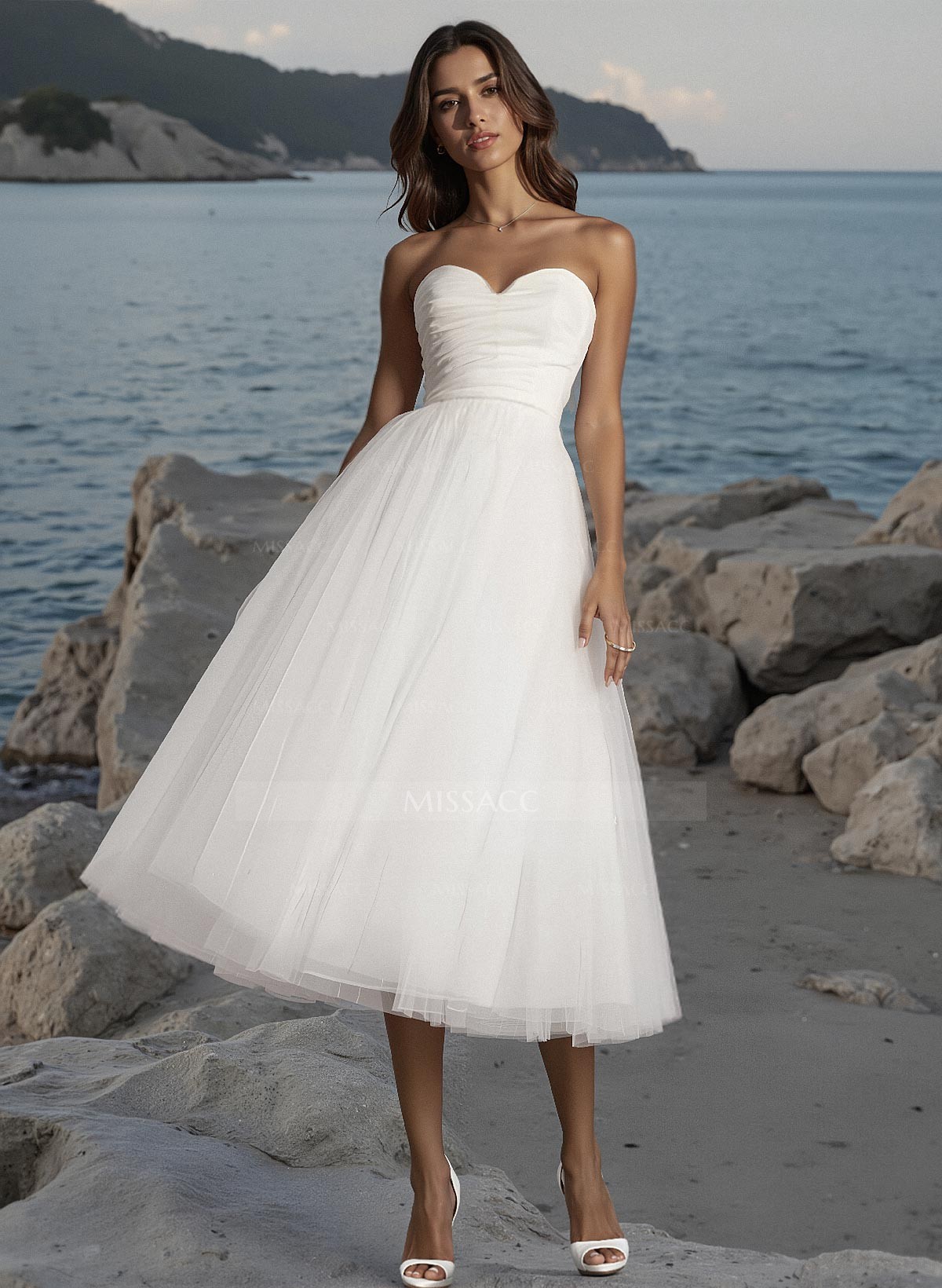 A-Line Sweetheart Sleeveless Tea-Length Tulle Wedding Dresses