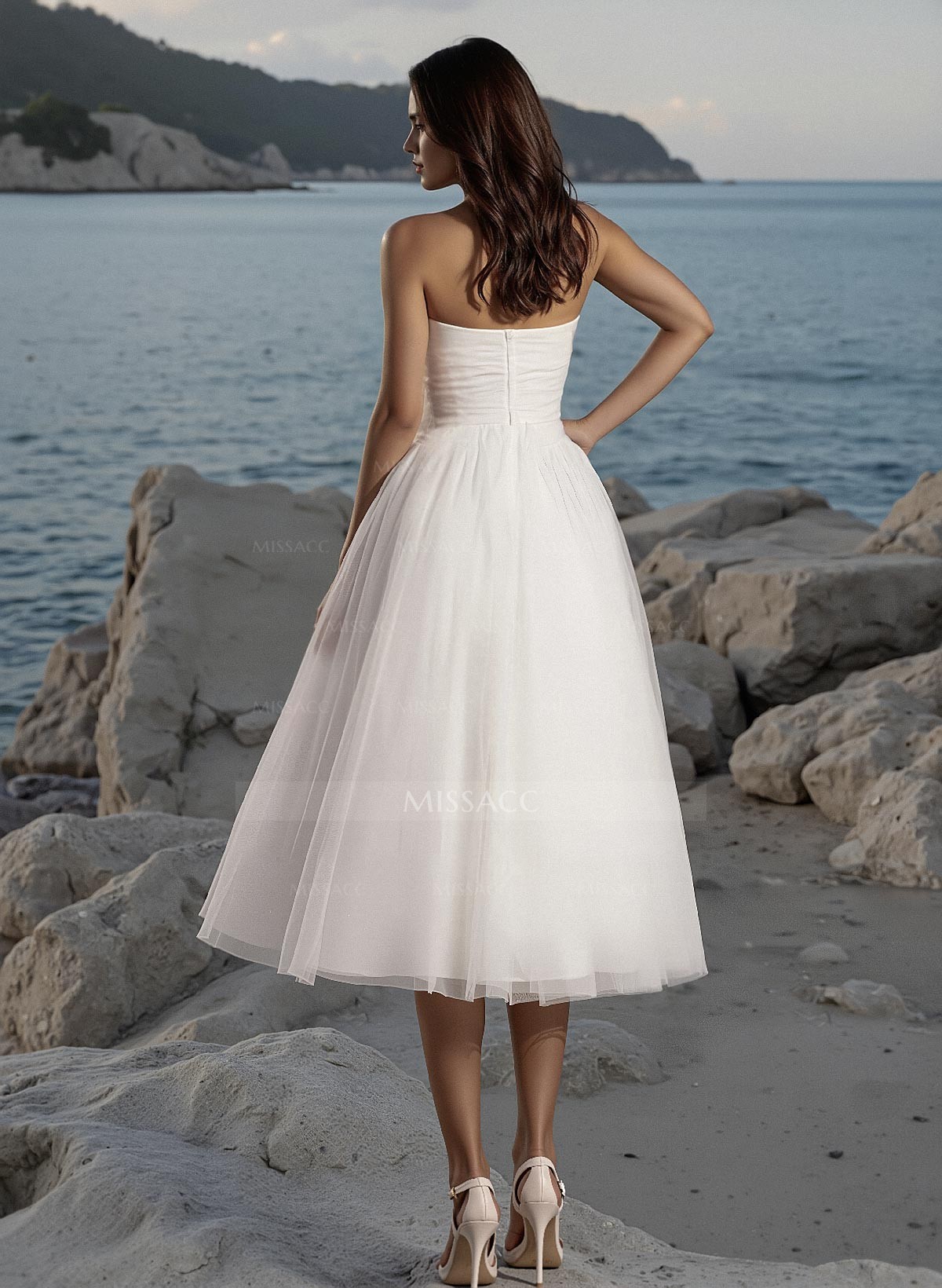 A-Line Sweetheart Sleeveless Tea-Length Tulle Wedding Dresses