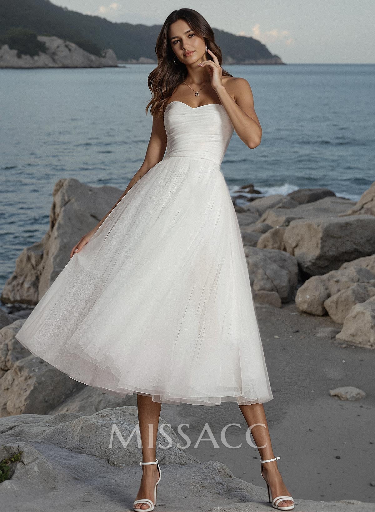 A-Line Sweetheart Sleeveless Tea-Length Tulle Wedding Dresses