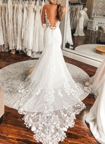 Sheath/Column V-Neck Sleeveless Court Train Lace Wedding Dresses