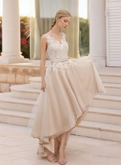 A-Line V-Neck Sleeveless Lace/Tulle Wedding Dresses With Appliques Lace