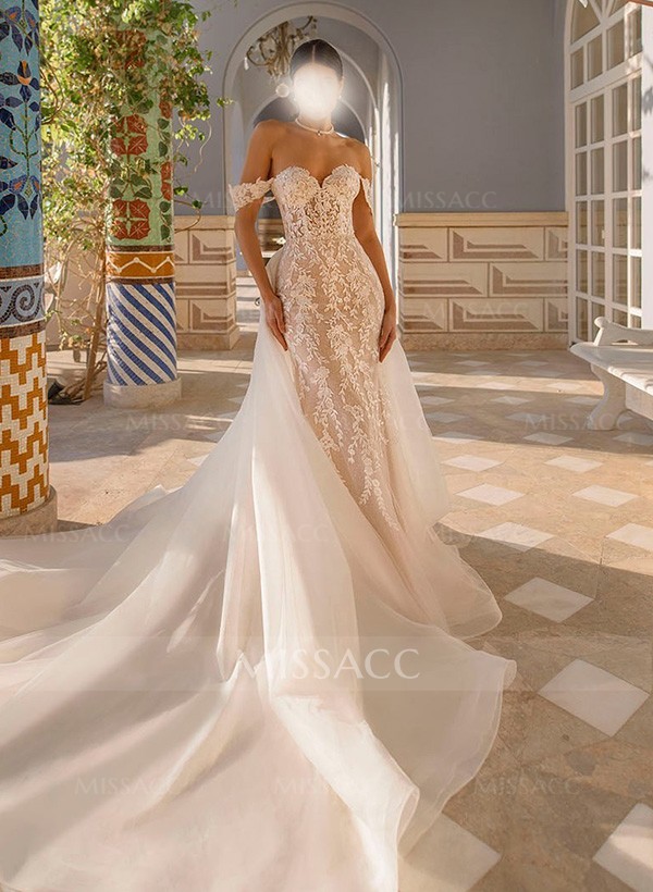 Sheath/Column Off-The-Shoulder Lace/Tulle Wedding Dresses With Appliques Lace