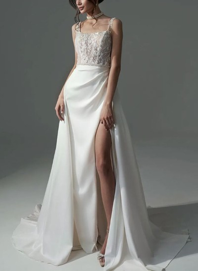 Sheath/Column Lace/Silk Like Satin Wedding Dresses With High Split
