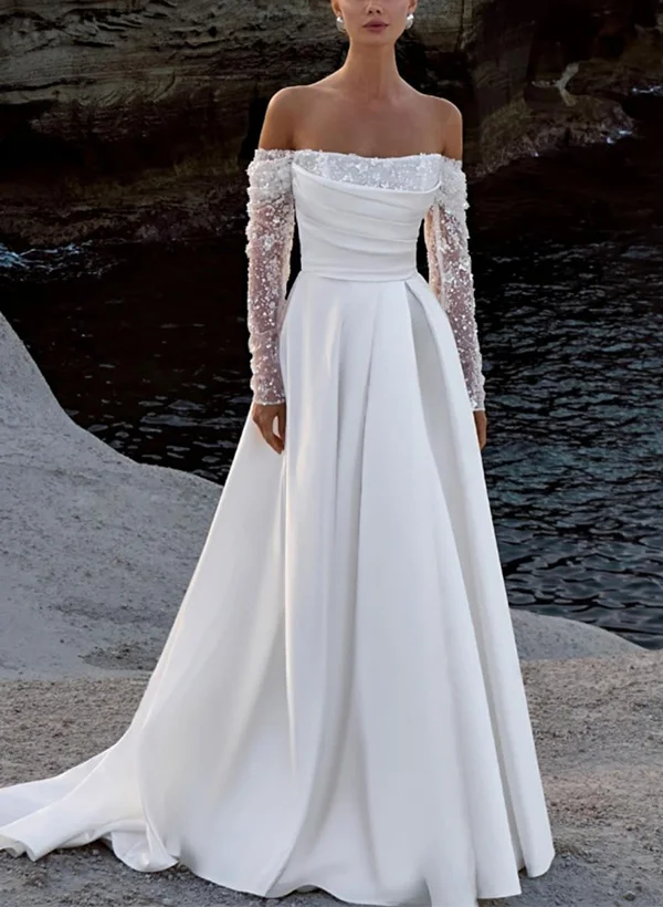 navy blue dress for baby girl Off-Shoulder Long Sleeves Lace Appliques A-Line Wedding Dress – Loveiss
