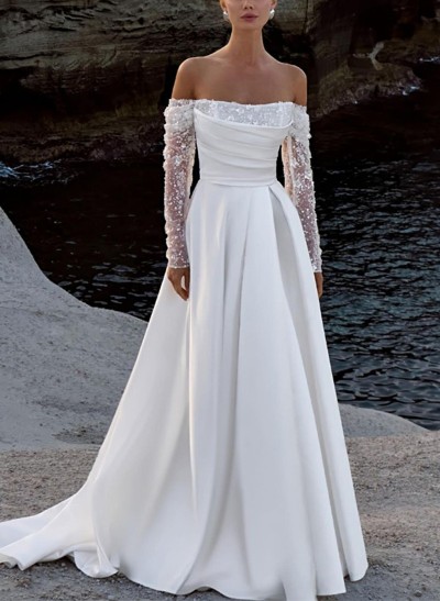 A-Line Off-The-Shoulder Long Sleeves Satin/Sequined Wedding Dresses