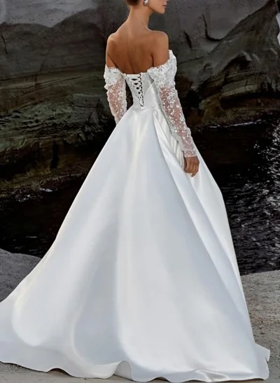 A-Line Off-The-Shoulder Long Sleeves Satin/Sequined Wedding Dresses