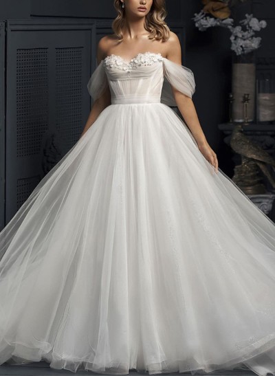Ball-Gown Off-The-Shoulder Sleeveless Tulle Wedding Dresses With Flower(s)