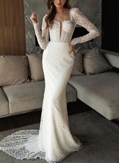 Trumpet/Mermaid Sweep Train Lace Wedding Dresses With Back Hole