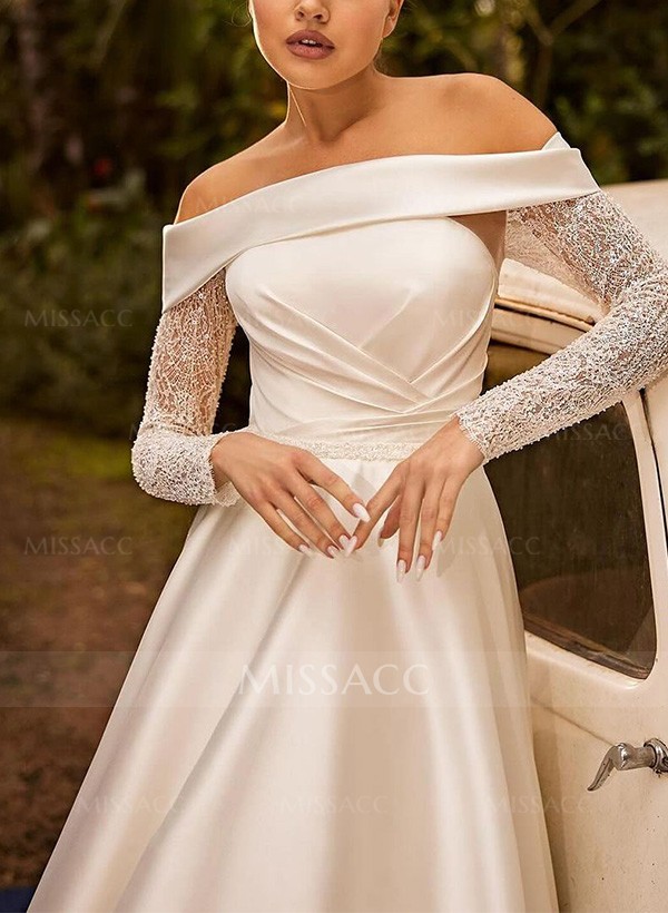 A-Line Off-The-Shoulder Long Sleeves Satin/Sequined Wedding Dresses