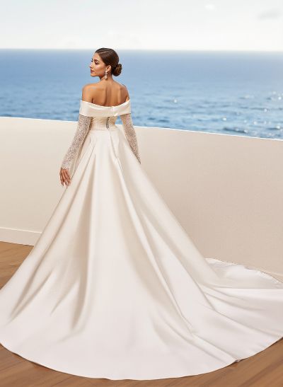 A-Line Off-The-Shoulder Long Sleeves Satin/Sequined Wedding Dresses