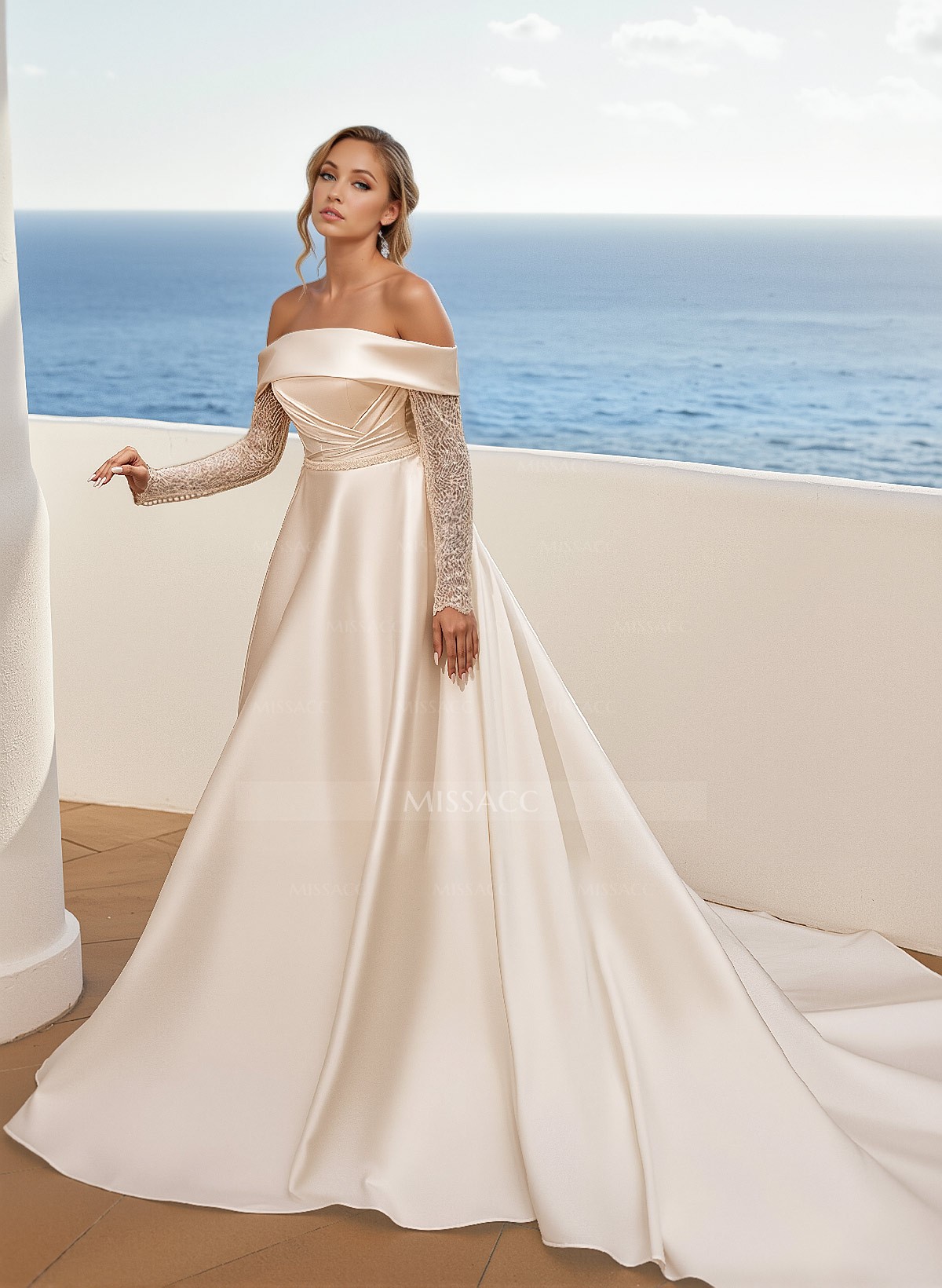 A-Line Off-The-Shoulder Long Sleeves Satin/Sequined Wedding Dresses