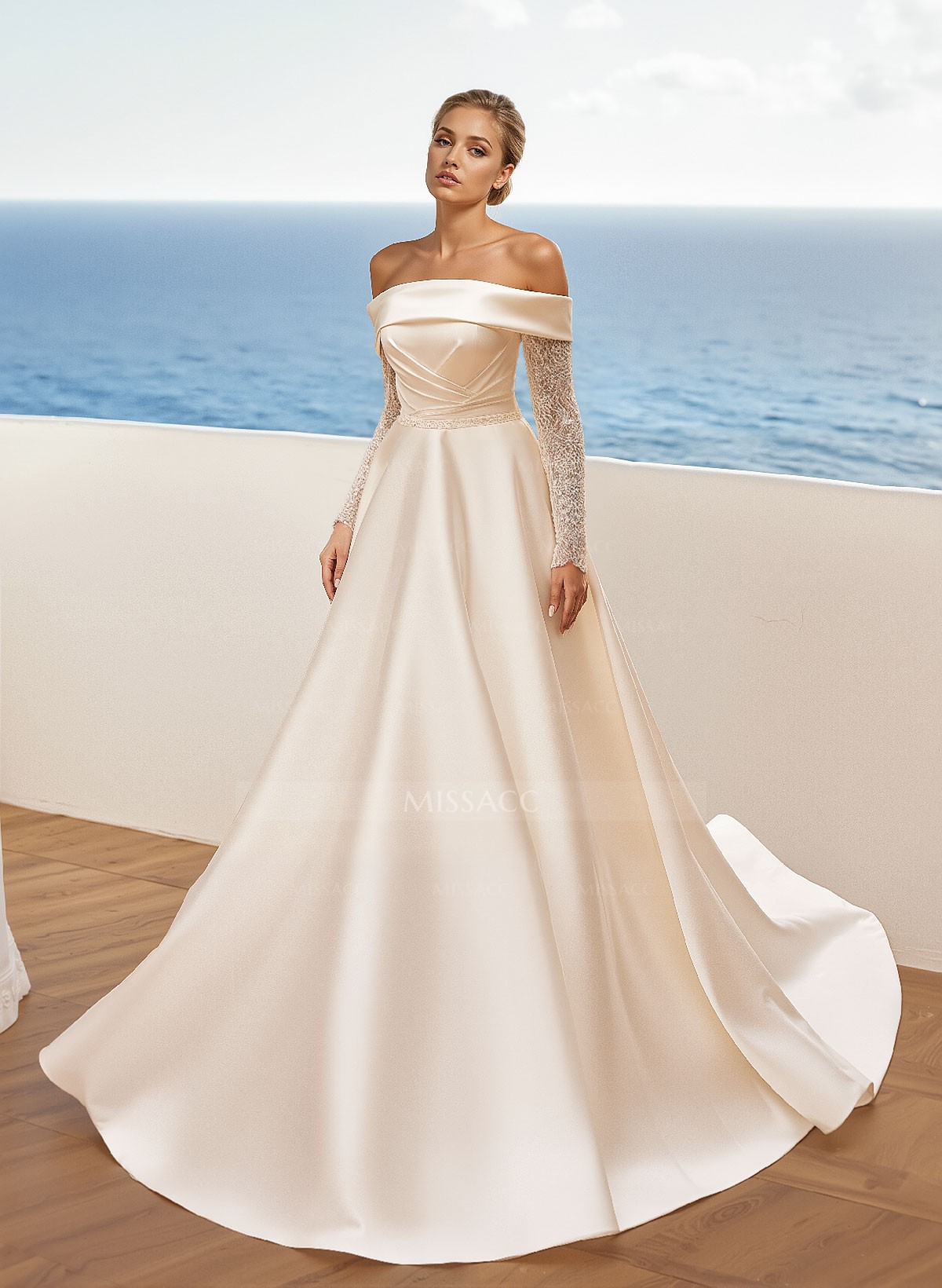 A-Line Off-The-Shoulder Long Sleeves Satin/Sequined Wedding Dresses