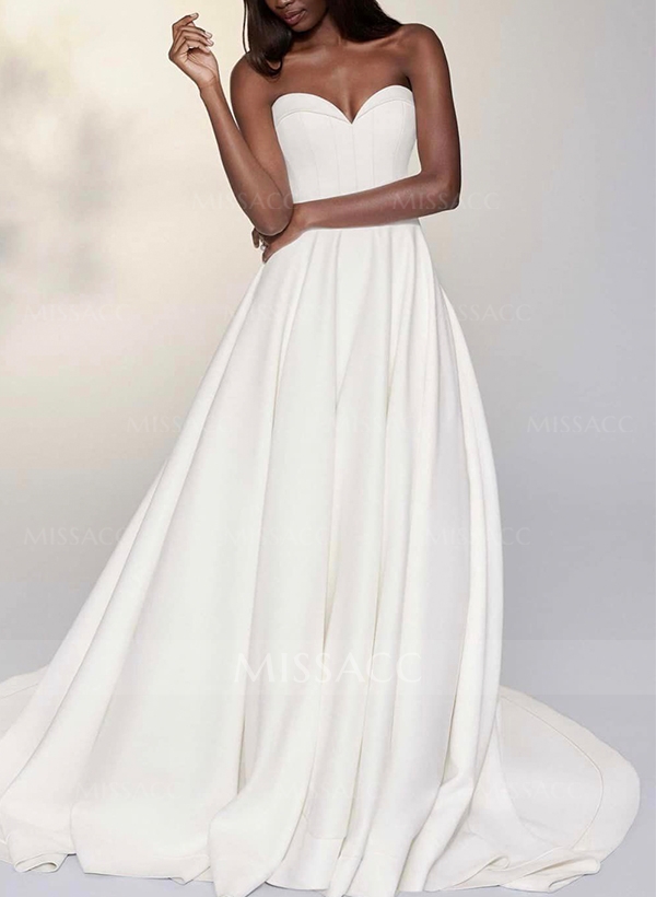 A-Line Sweetheart Sleeveless Sweep Train Satin Wedding Dresses